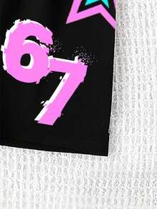 1 Set Young Girl Fashion Cartoon K-Pop Girl "SIX SEVEN" Letter Print Round Neck T-Shirt And Pentagram Print Shorts Set,Summer Birthday Outings,Purple - Multicolor - View 4