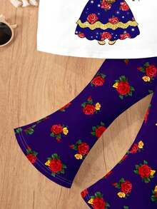 SHEIN Conjunto de pantalones de manga corta con cuello redondo y estampado de dibujos animados, informal para bebé niña, adecuado para primavera/verano - Multicolor - Ver 6
