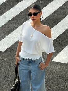 Muchica White Top  Knit Ruffle Edge One Shoulder T-Shirt White One Shoulder Blouse White - White - View 3
