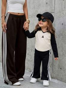 SHEIN 2pcs Baby Girl Colorblock Casual Polo Collar Long Sleeve T-Shirt And Elastic Waist Pants Set - Black and White - View 1
