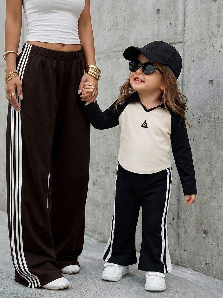 SHEIN 2pcs Baby Girl Colorblock Casual Polo Collar Long Sleeve T-Shirt And Elastic Waist Pants Set - Black and White - View 1
