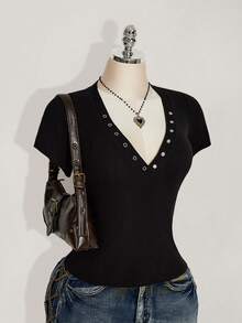 SHEIN ICON Áo thun nữ cỡ lớn màu đen cổ chữ V tay ngắn có gân - màu đen - Xem 1