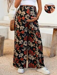 SHEIN Maternity Clothes  Maternity Pants Pregnant Clothes Vacation Black  Maternity  Pants Maternity Plant Print Casual Pants,Patterned Print Adjustable Waistband Wide Leg Pants Set Maternity Clothes Jumpsuits Boho Dress Women Fall Dresses For Women Casual Maxi Dress - Multicolor - View 1