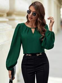 Editum 女士简约通勤纯色钥匙孔领灯笼袖衬衫，秋冬女装 - 綠色 - 查看 6