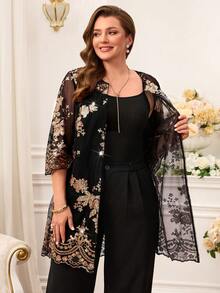 EMERY ROSE 大码女式花卉亮片刺绣七分袖优雅外套 - 黑色 - 查看 7