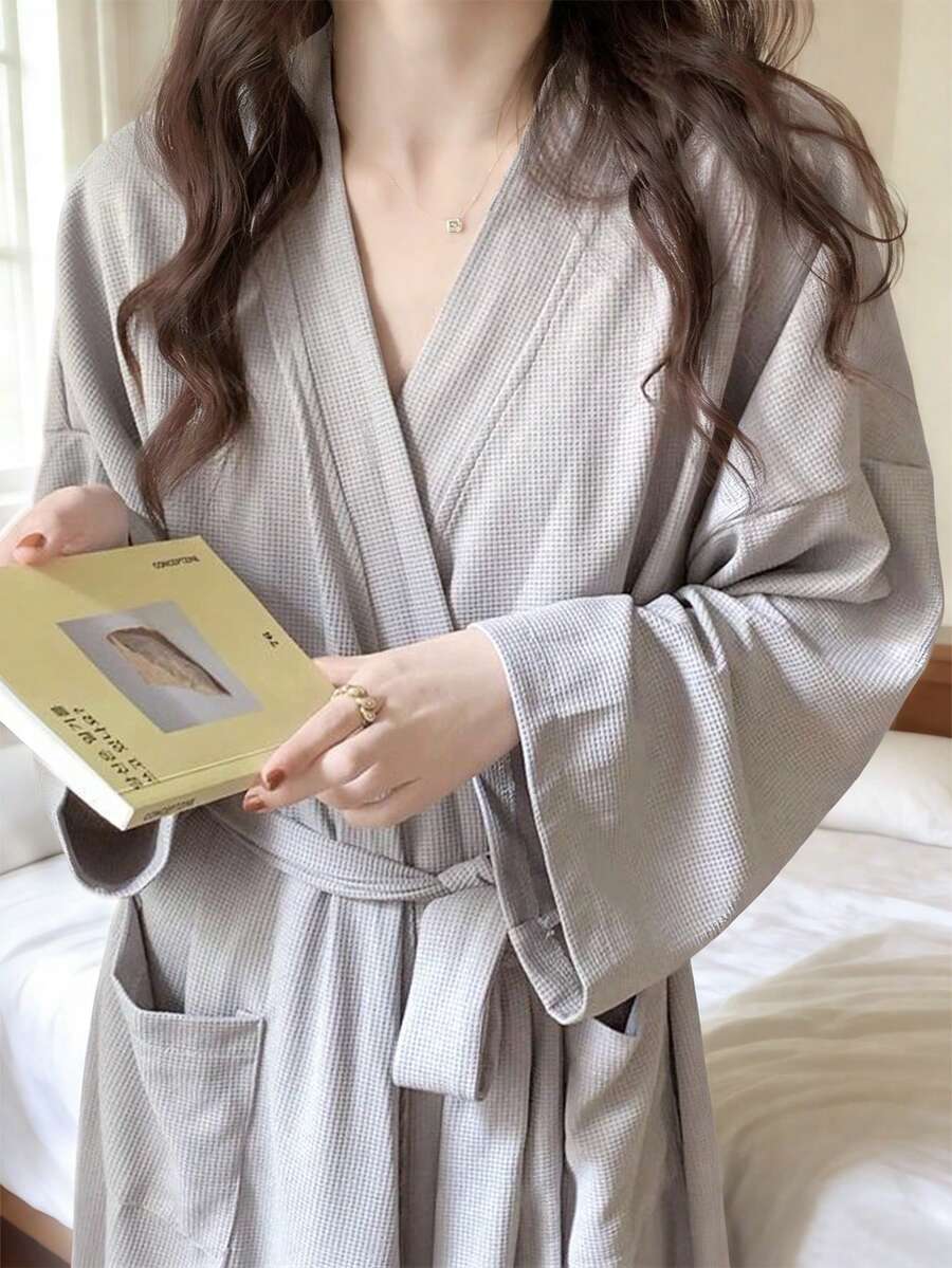 Áo choàng tắm mềm mại Unisex, dày, dài, có dây rút và túi, đồ ngủ rộng rãi thấm hút, đồ mặc nhà cho các cặp đôi, mùa thu/đông trở lại trường - màu xám nhạt - Xem 1