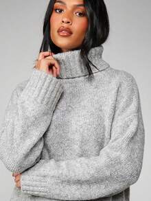 MISSGUIDED 宽松高领粗针织套头毛衣，罗纹袖口和下摆，适合冬季舒适休闲穿着 - 淺灰色 - 查看 6