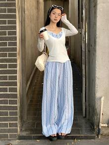 DAZY طقم ملابس نسائي مكون من 3 قطع للعطلات والشاطئ: قميص كامي بتصميم شبكي ملون، بنطال ساق مستقيمة، وتي شيرت شفاف للتغطية، مناسب للصيف والربيع - الأزرق - مشاهدة 4