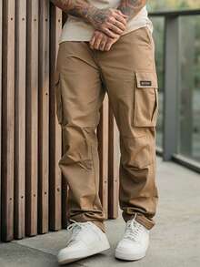 Manfinity Homme Plus Size Men's Black Multi-Pocket Cargo Pants, Casual Straight-Leg Trousers - Khaki - View 4