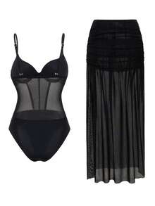 Swim Oasis 2pcs/Set Women One-Piece Swimsuit, Black Gathered Sheer Mesh High-End Elegant Ladies One-Piece Swimsuit With Ruffle Mesh Double Layer Long Skirt - Black - View 2