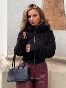 Jeta Ari Women's Hooded Long Sleeve Heart Pattern Fluffy Trim Jacket, Autumn Winter, Brunch Women , Fall Wedding Guest Hoodie, Homecoming, 90s , Ladies Late Fall Casual Contrast Fluffy, Zipper Regular Sleeve Hooded Regular Fit Plain Women Jacket, Casual Daily Wear,