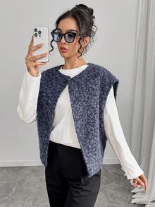 Almamuse Femmes grande taille Gilet sans manches minimaliste de couleur unie - Bleu azur - Voir 3
