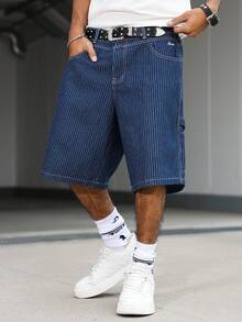 Manfinity EMRG Quần short kaki nam màu xanh sọc nhiều túi, phong cách đường phố thường ngày. - Rửa tối - Xem 5