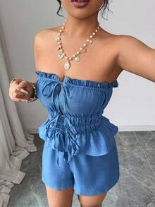 Rafferiza Conjunto Feminino Women's New Spring/Summer Blue Denim Texture Strappy Jumpsuit With Thin Straps, Bandeau-Style Top, Drawstring And Bow Detail At The Bust, Elasticated Waist, And Ruffled Hem Shorts Set. - Blue - View 9