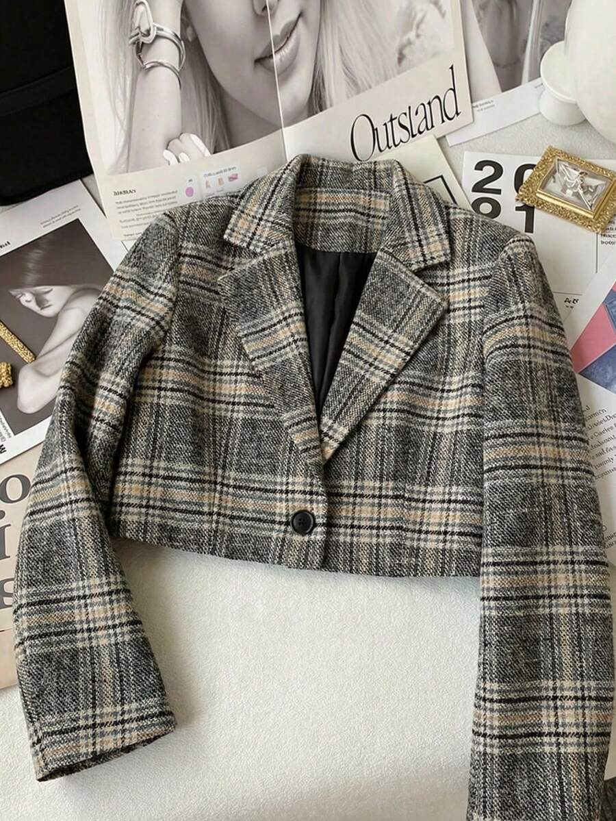 Franclia 2026 New Arrival Women's Short Plaid Blazer - Long Sleeve Black Buttons Casual Commute Minimalist Preppy Style Office Jackets