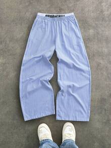 Manfinity VCAY Men's Regular Fit Casual Faux Waistband Splice Striped Loose Straight Leg Pants, Suitable For Daily Wear, School, Fall - Baby Blue - View 2