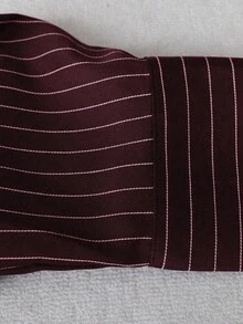Sweetra CURVE Plus Size Fashion Color Block Textured Button Fitted Waist Striped Collar Long Sleeve Women Shirt, Autumn - Burgundy - View 3