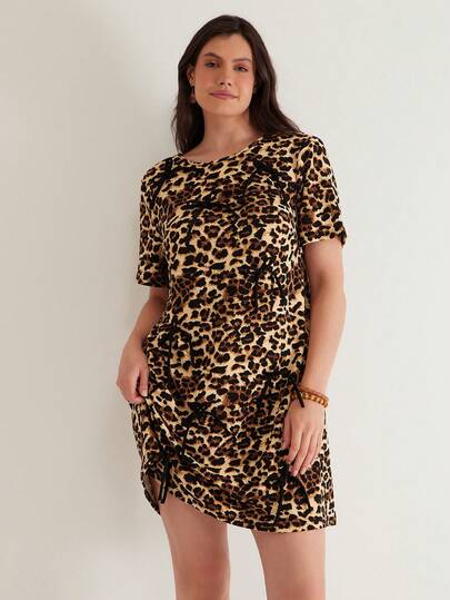 Freevana Plus Size Women's Vintage Leopard Print Bow Decor Dress, Round Neck Short Sleeve + Loose A-Line Skirt, Flattering Everyday Wear, New Spring Collection