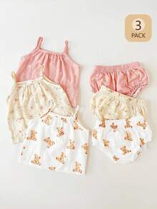 SHEIN 6件套女婴休闲日常双层雪纺可爱小熊碎花吊带背心搭配松紧腰三角短裤套装，适合户外玩耍或居家舒适穿着，夏季 - 彩色 - 查看 6