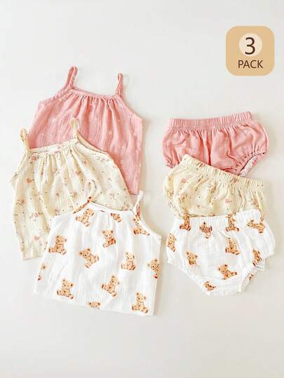 SHEIN 6件套女婴休闲日常双层雪纺可爱小熊碎花吊带背心搭配松紧腰三角短裤套装，适合户外玩耍或居家舒适穿着，夏季