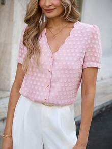 Louniche Women's Ruffled Jacquard Polka Dot Loose Casual Blouse, Spring/Summer - Pink - View 5