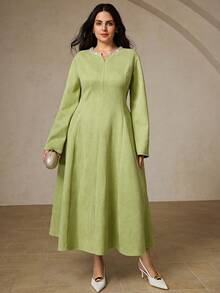 BELROSIE Fashionable Design Sense Versatile Commuting Exquisite Suede Blend V-Neck Zipper Collar Studded Pearl Decor Green Plus Size Long Sleeve Dress - Green - View 1