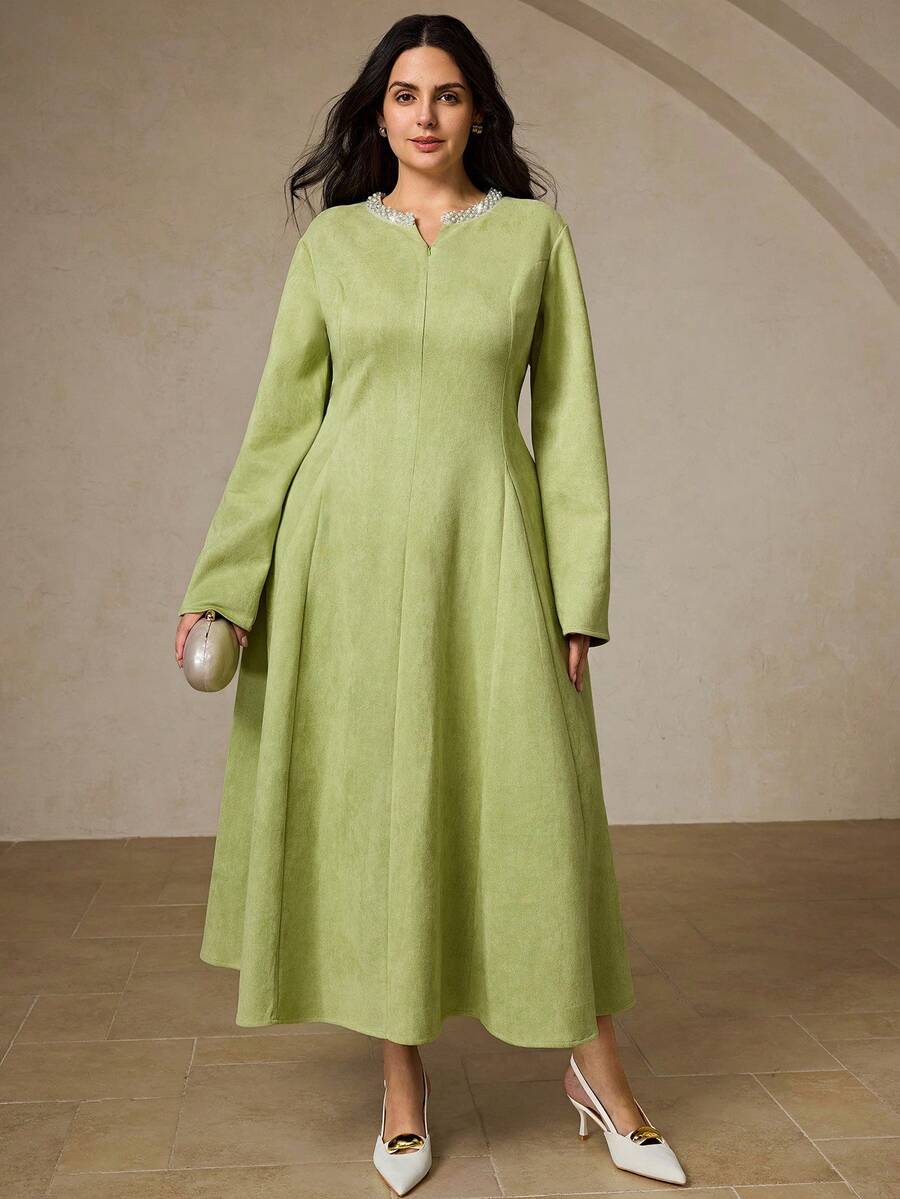 BELROSIE Fashionable Design Sense Versatile Commuting Exquisite Suede Blend V-Neck Zipper Collar Studded Pearl Decor Green Plus Size Long Sleeve Dress - Green - View 1