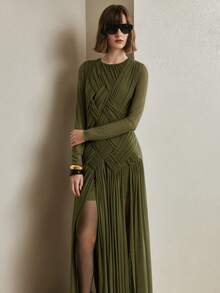 Arave Women's Knitted Elastic Mesh Fabric Crew Neck Raglan Sleeve Asymmetrical Patchwork Design Elegant Date Long Dress - Army Green - View 7