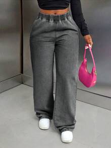 SHEIN Tall 女士休闲弹力腰水洗直筒牛仔裤 - 灰色 - 查看 5