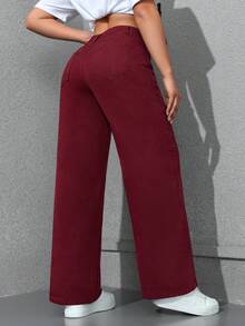 SHEIN Tall Mid-Rise Washed Women's Casual Slant Pocket Versatile Jeans - Burgundy - View 6