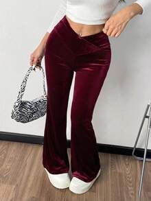 SHEIN EZwear 女士酒红色丝绒针织喇叭裤 - 酒紅色 - 查看 5