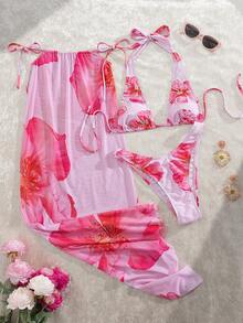 Swim Vcay 热带植物印花连衣裙、刺绣连衣裙、随机印花长裙、系带露背连衣裙、女士沙滩休闲度假装、女士比基尼三件套 - 粉色 - 查看 4