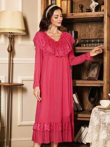 PalaceNights Vintage Palace Lace & Mesh Long Sleeve Nightgown For Women - Hot Pink - View 1