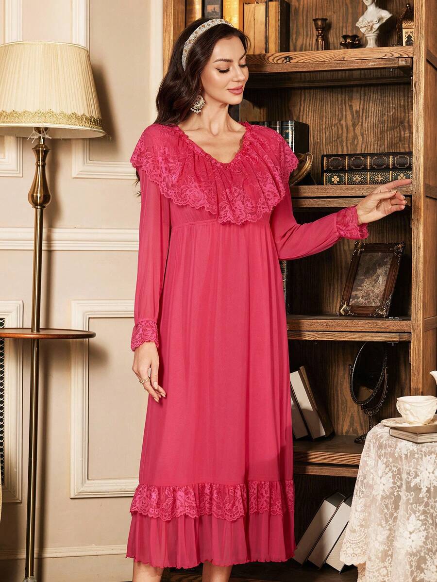 PalaceNights Vintage Palace Lace & Mesh Long Sleeve Nightgown For Women - Hot Pink - View 1