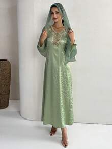 Yasmyna 女士优雅阿拉伯风格豹纹提花贴花V领长袖连衣裙 - 綠色 - 查看 5