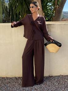 Livesso Spring & Summer Loose Casual Vacation Style Fashion Office Wear Street Tie-Up Shirt Cardigan Design Pleated Straight Leg Casual Suit Pants Set, Elegant Commuter Women's 2-Piece Outfit Lounge Sets For Women - Brown - View 3