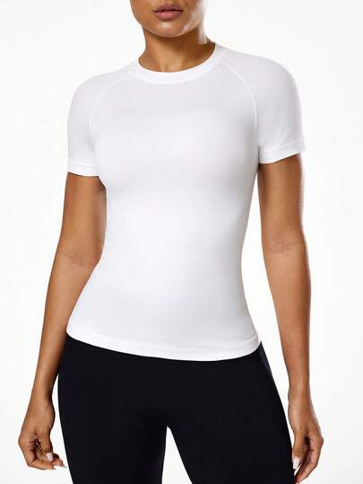 Seamluxe SHEIN Sport Women's Solid Color Round Neck Raglan Short Sleeve Casual Fitness Sports T-Shirt