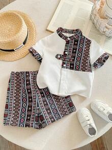 SHEIN 2 pièces/Set Top à manches courtes et short pour tout-petits garçons/filles, en patchwork de couleurs contrastées et motifs traditionnels. Ensemble confortable, polyvalent, décontracté chic et mignon, rétro traditionnel. Convient pour le printemps/été, intérieur, extérieur, quotidien, sport, fête, séance photo, festival, nouvel an, rentrée des classes - Rouge foncé - Voir 4
