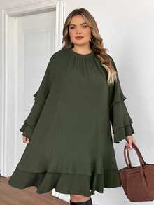 SHEIN CURVE+ Plus Size Dark Green Casual Dress, Suitable For Everyday Wear And Commuting - Green - View 7