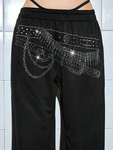 ROMWE Grunge Punk Pantalón de chándal ancho con estampado, cinturón de mujer casual punk con remaches, estilo Y2K - Negro - Ver 2