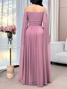 Feyla Women's Off Shoulder Floral Embroidery Ruffle Elegant Dress With Extra Long Sleeves - Dusty Pink - View 3