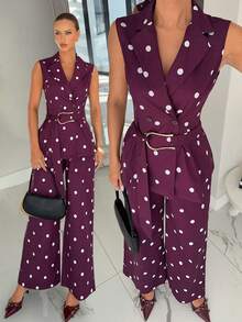 Siren Gaze Elegant Women's Sleeveless Lapel Random Print Blazer And Long Pants Two-Piece Set - Brown - View 1