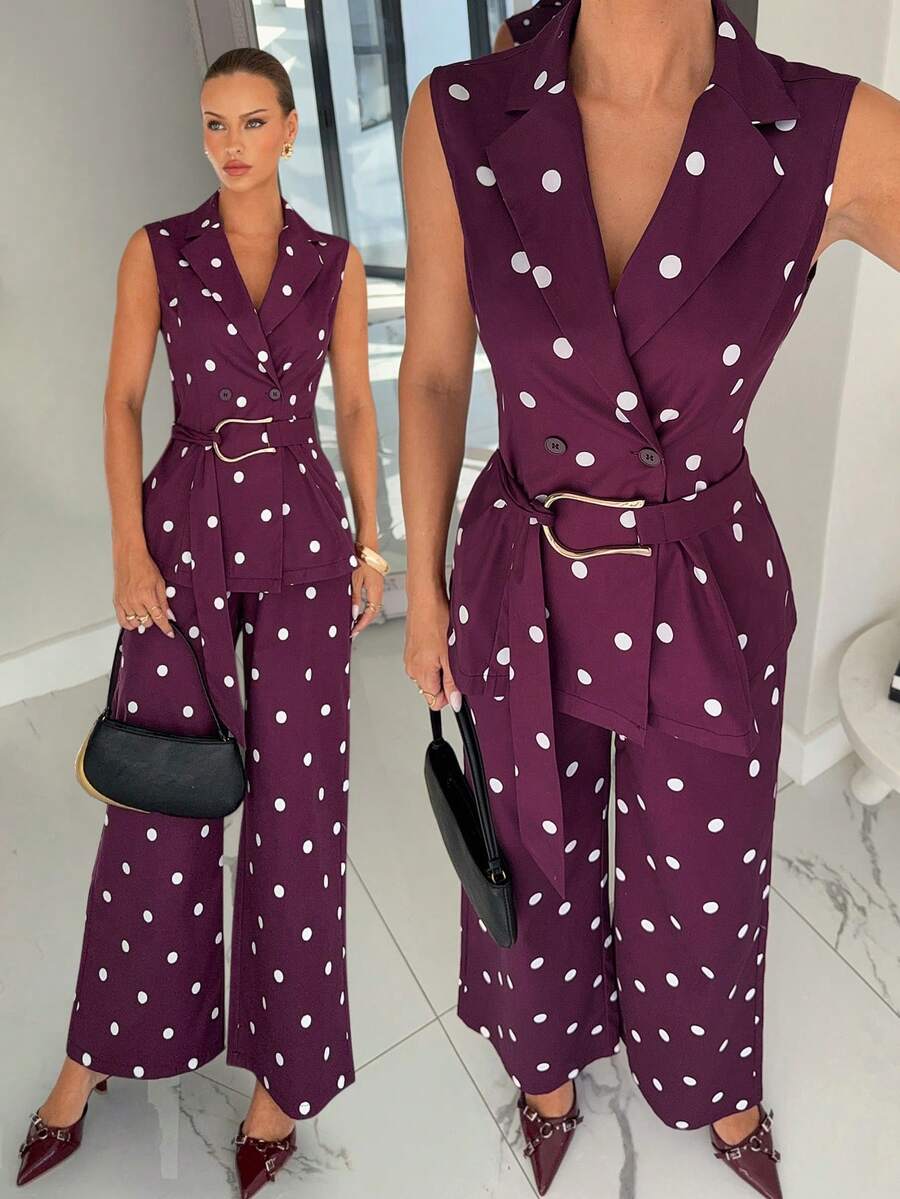 Siren Gaze Elegant Women's Sleeveless Lapel Random Print Blazer And Long Pants Two-Piece Set - Brown - View 1