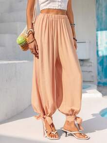 Vivid Eden Women's Casual Elastic Waist Drawstring Harem Pants With Textured Fabric, Suitable For Spring/Summer Outings And Vacations - Apricot - View 3