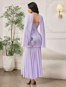 Modelyn Đầm dài nữ thanh lịch, thoải mái, lãng mạn, đính hạt, thêu ren, dáng ôm. - Màu tím - Xem 2