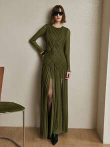 Arave Women's Knitted Elastic Mesh Fabric Crew Neck Raglan Sleeve Asymmetrical Patchwork Design Elegant Date Long Dress - Army Green - View 6