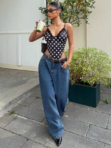 Muchica Women's Contrast Lace Polka Dot Sexy Bodysuit - Black - View 7