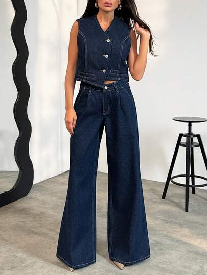 SHEIN Cottnline Fashionable Commuter Vest & Wide-Leg Jeans Set Jeans Wide Leg Denim Outfit Women Jean 2 Piece Set Denim Jumpsuit Denim Two Piece Outfits
