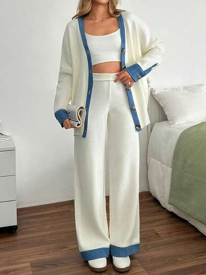SHEIN Beige Contrast Denim Trim Knit Cardigan And High Waist Wide Leg Pants Two Pieces Sweater Co-Ord Set For Women