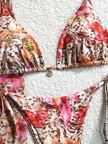 Swim Vcay 3 pièces Ensemble de maillot de bain à col ras-du-cou avec décoration métallique, imprimé aléatoire, printemps/été pour femmes